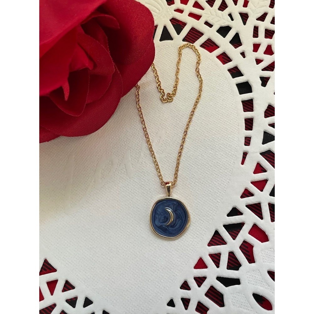 Navy and Fashion gold alloy Crescent Moon necklace-16 inch adjustable chain
